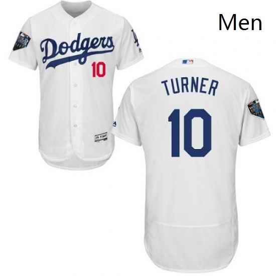 Mens Majestic Los Angeles Dodgers 10 Justin Turner White Home Flex Base Authentic Collection 2018 World Series Jersey